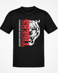 Black short-sleeve T-shirt with red vertical tiger-head graphic on front