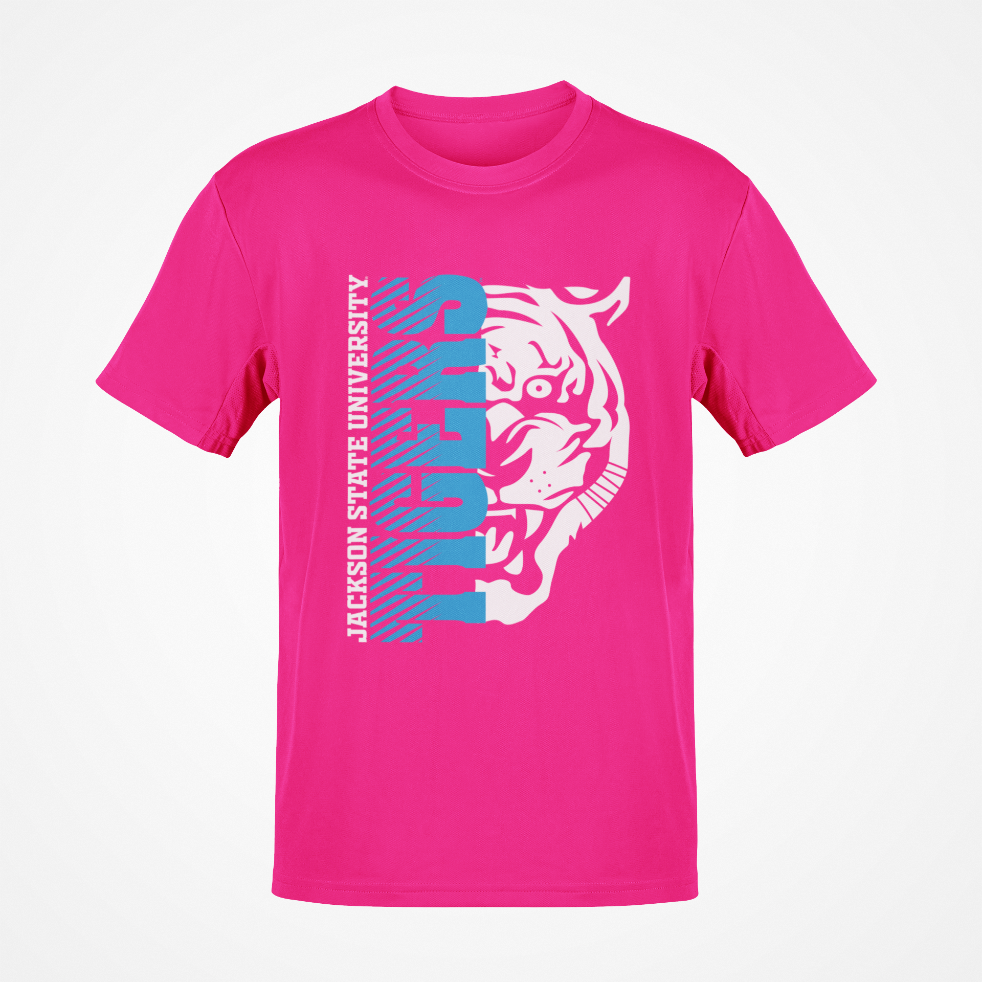 Pink short-sleeve T-shirt with blue-and-white half tiger head chest graphic