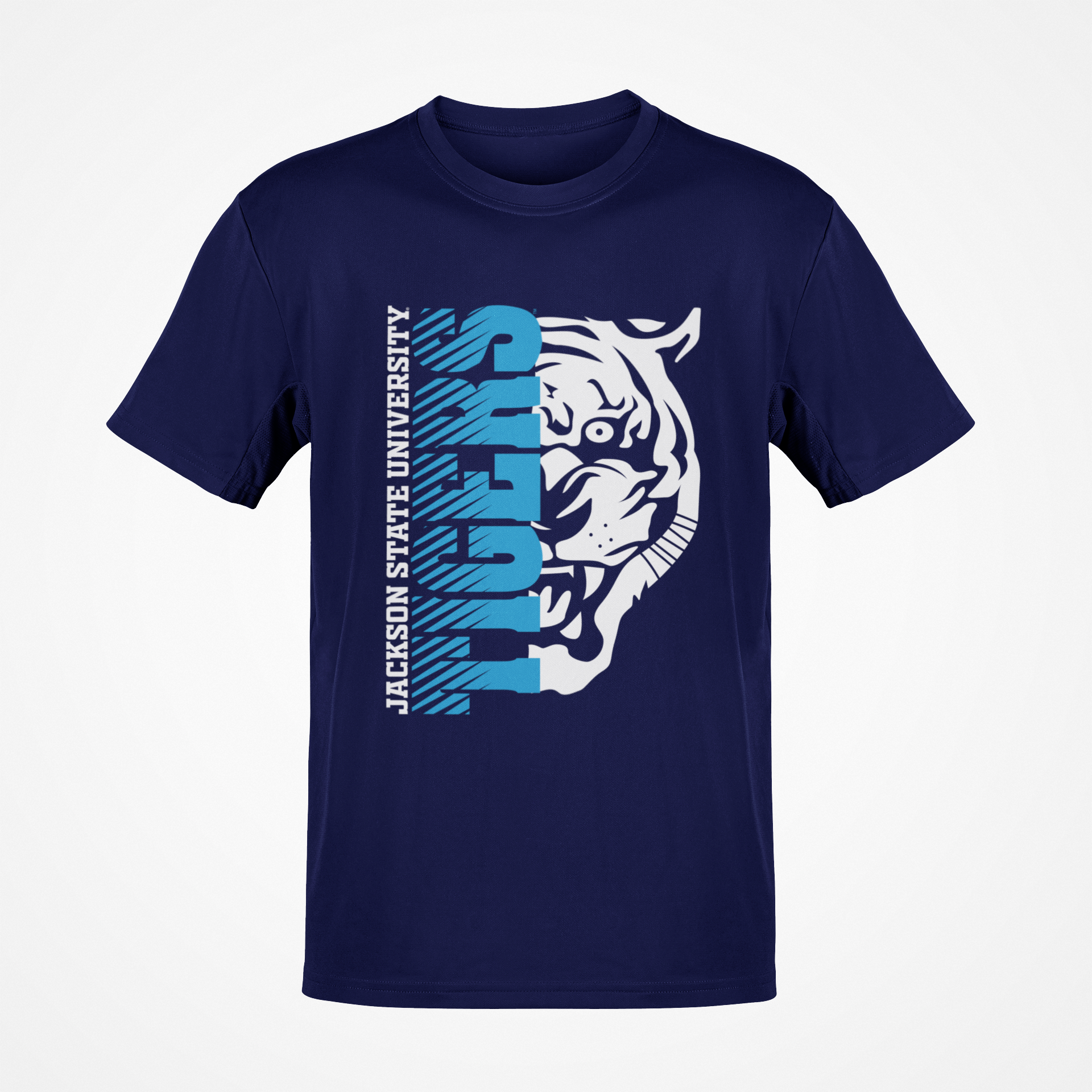 Navy short-sleeve T-shirt with blue-and-white half tiger head chest graphic