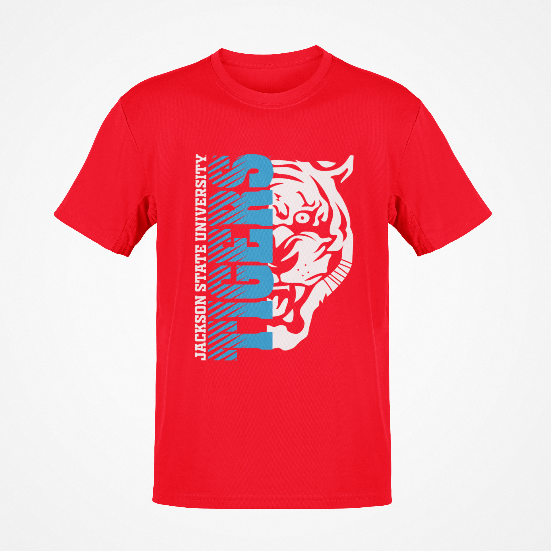 Red short-sleeve T-shirt with blue-and-white half tiger head chest graphic