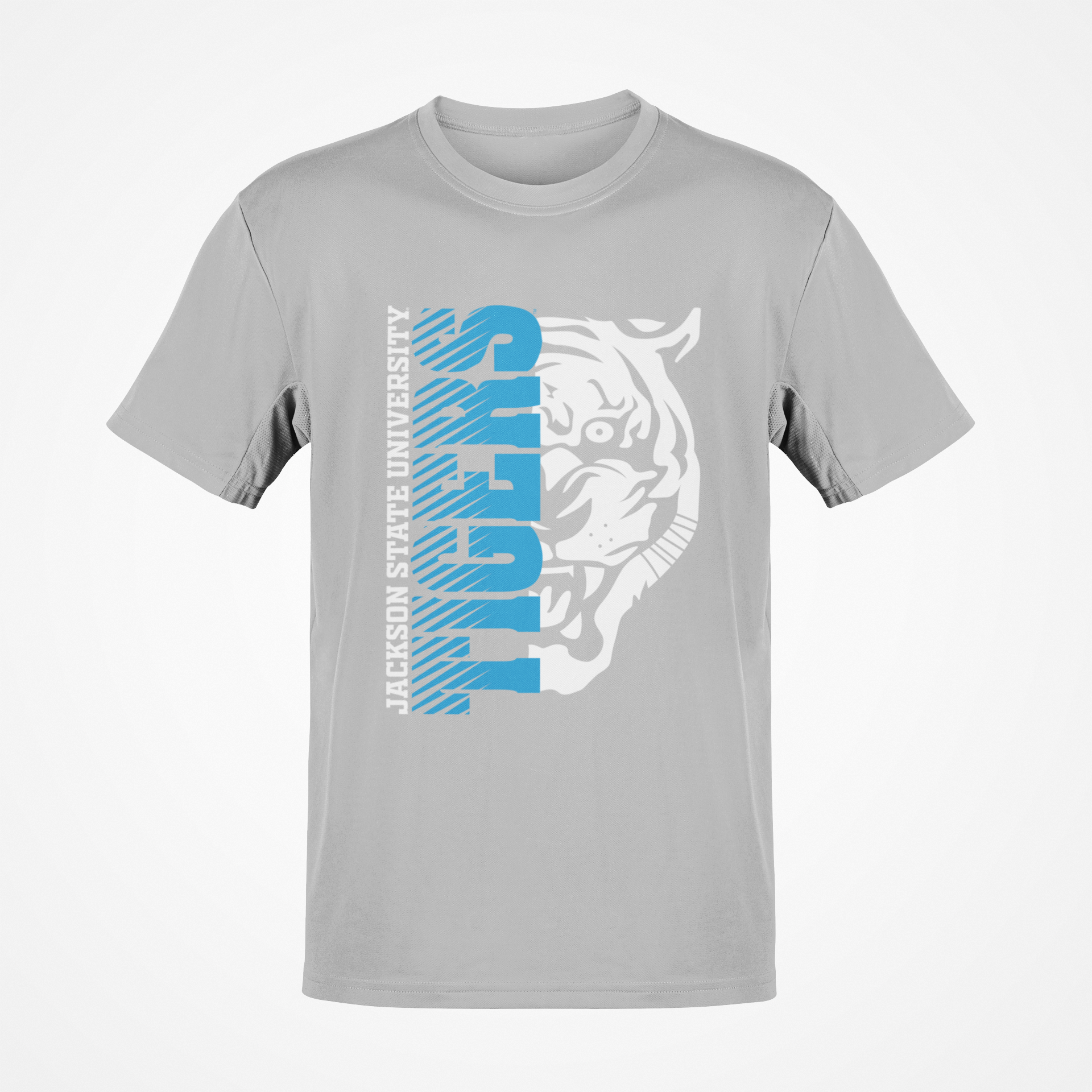 Gray short-sleeve T-shirt with blue-and-white half tiger head chest graphic
