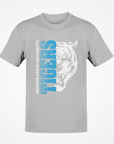 Gray short-sleeve T-shirt with blue-and-white half tiger head chest graphic