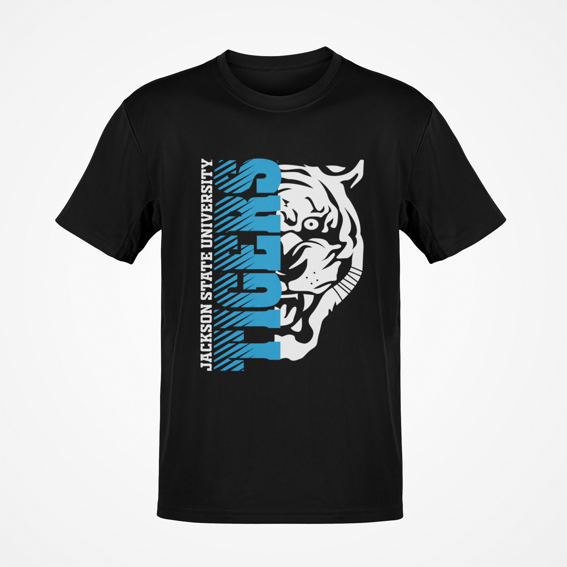 Black short-sleeve T-shirt with blue-and-white half tiger head chest graphic