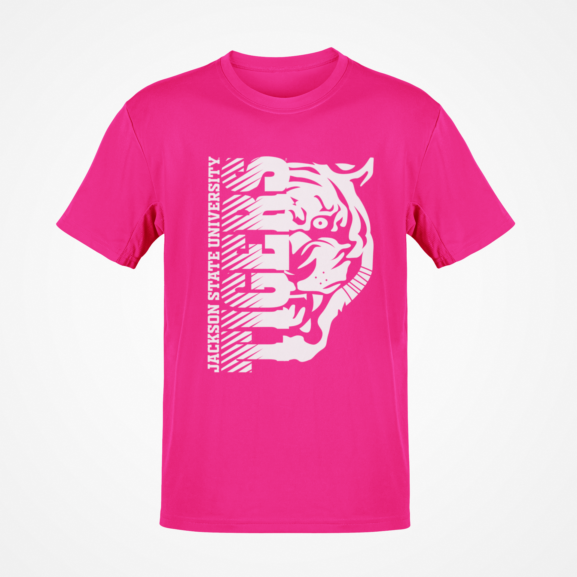 Pink short-sleeve T-shirt with white half tiger-head front graphic.