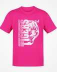 Pink short-sleeve T-shirt with white half tiger-head front graphic.