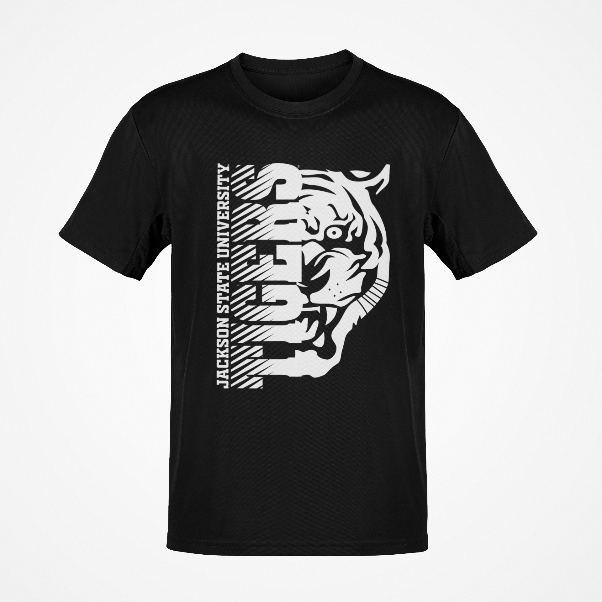 Black short-sleeve T-shirt with white half tiger-head front graphic.