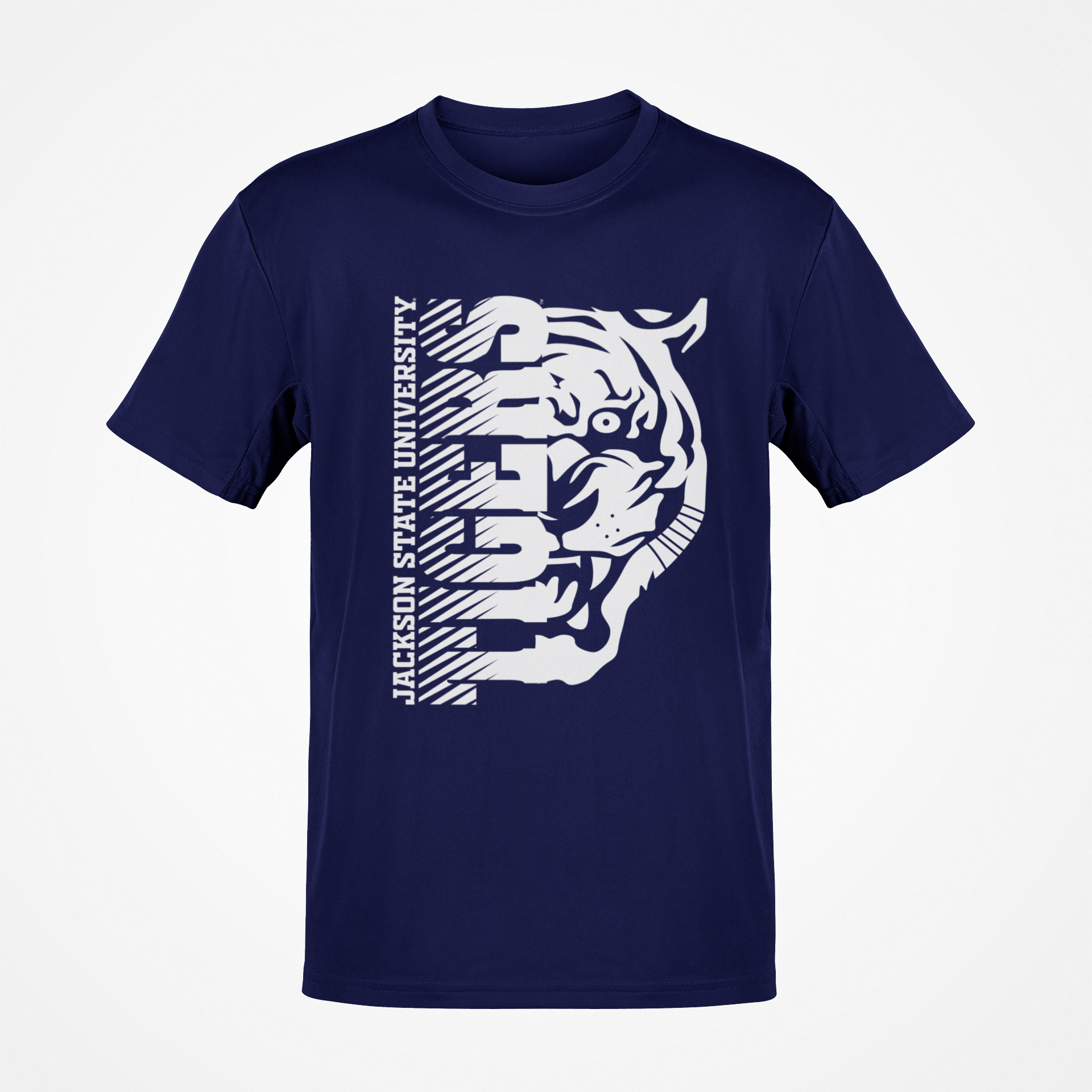 Navy short-sleeve T-shirt with white half tiger-head front graphic.