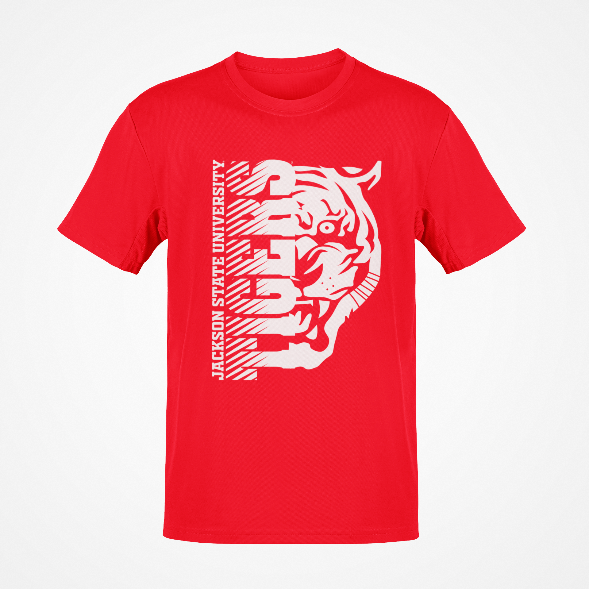 Red short-sleeve T-shirt with white half tiger-head front graphic.