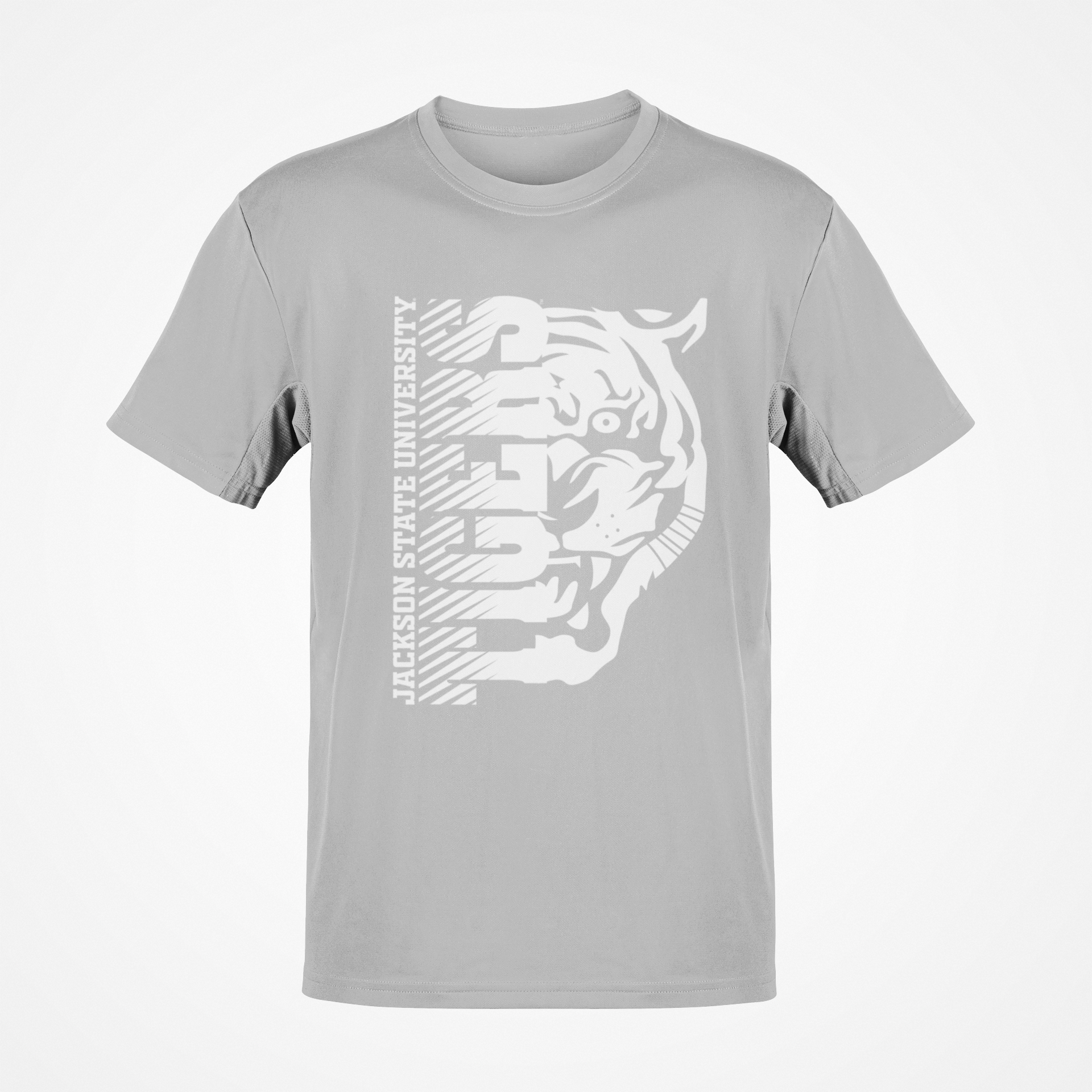 Gray short-sleeve T-shirt with white half tiger-head front graphic.