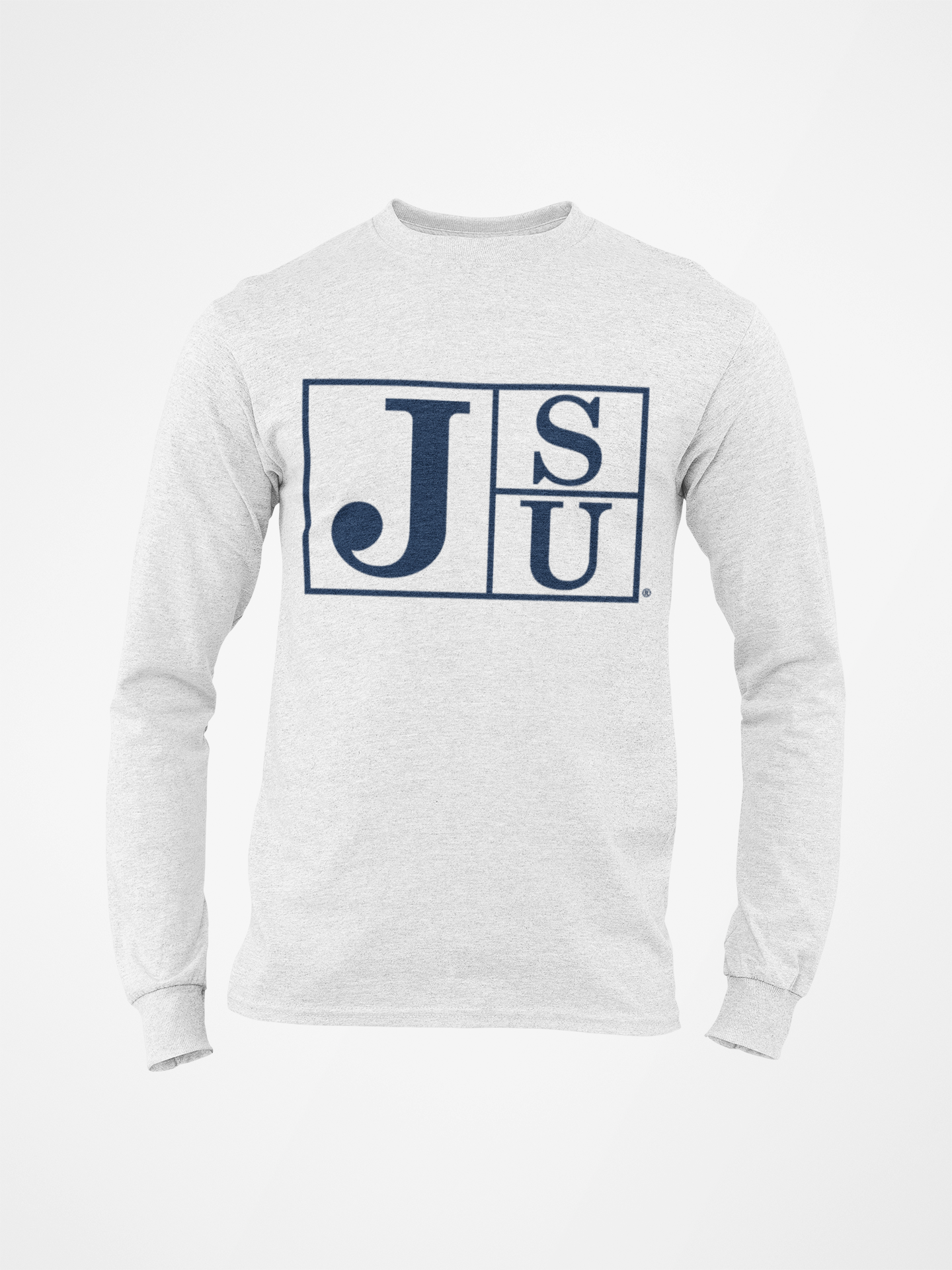 Light heather long sleeve crewneck T-shirt with blue J S U block logo on front