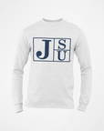 Light heather long sleeve crewneck T-shirt with blue J S U block logo on front