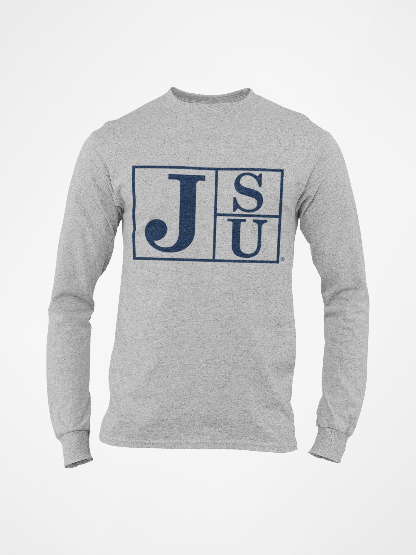Heather gray long sleeve crewneck T-shirt with blue J S U block logo on front