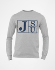 Heather gray long sleeve crewneck T-shirt with blue J S U block logo on front