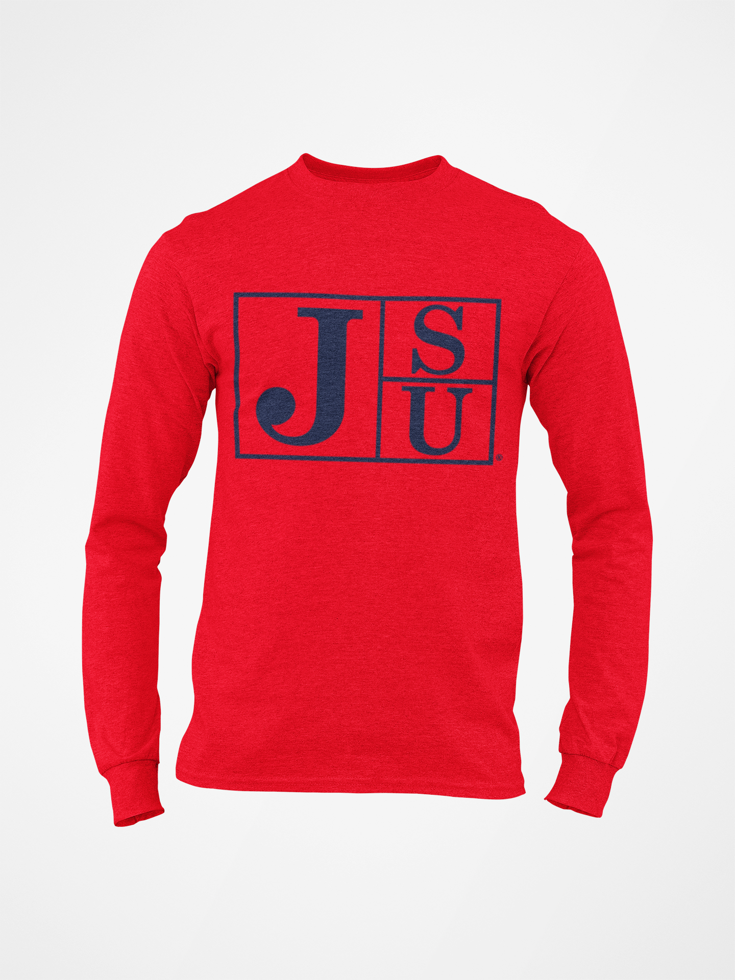 Red long sleeve crewneck T-shirt with blue J S U block logo on front