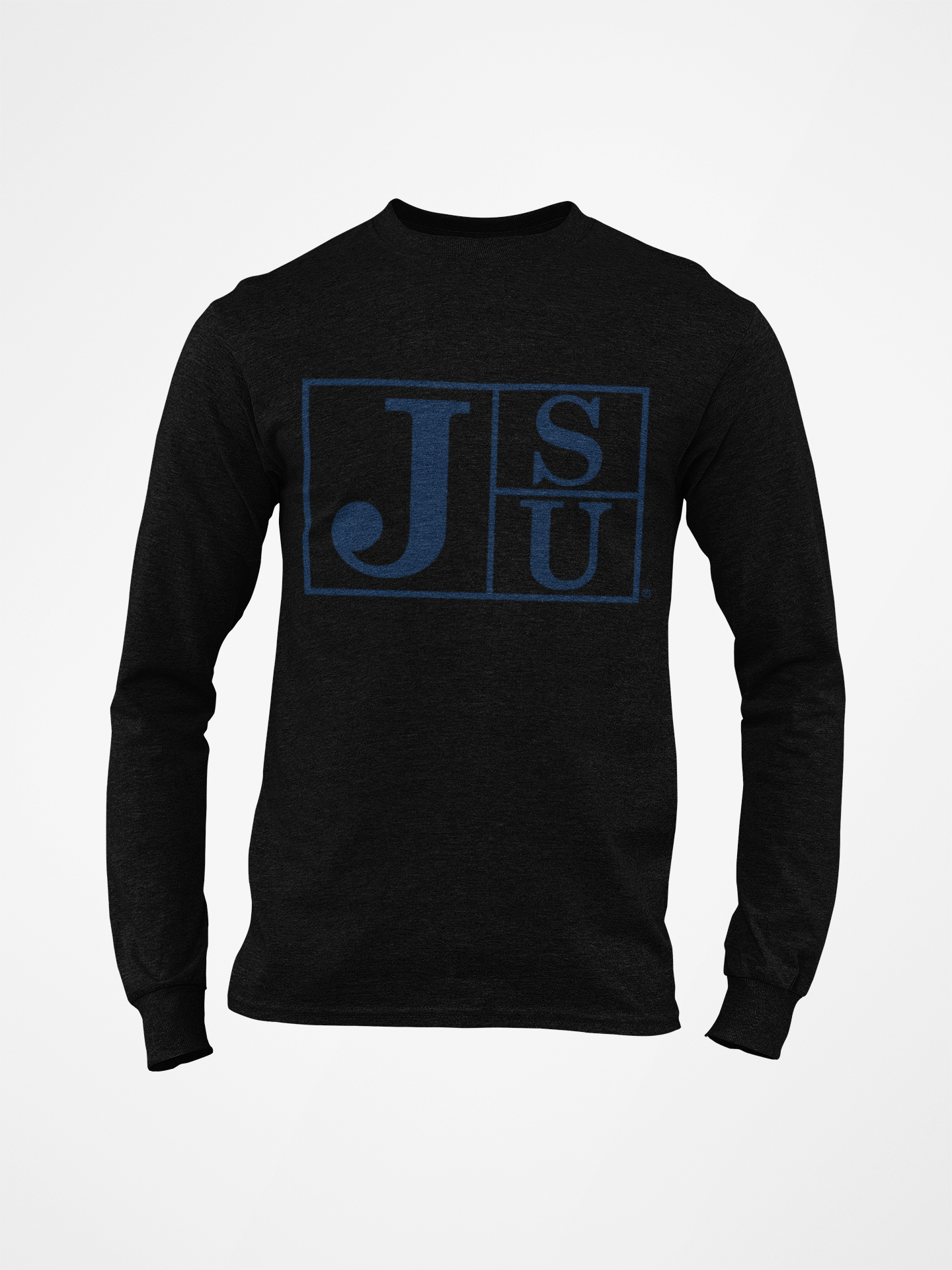 Black long sleeve crewneck T-shirt with blue J S U block logo on front