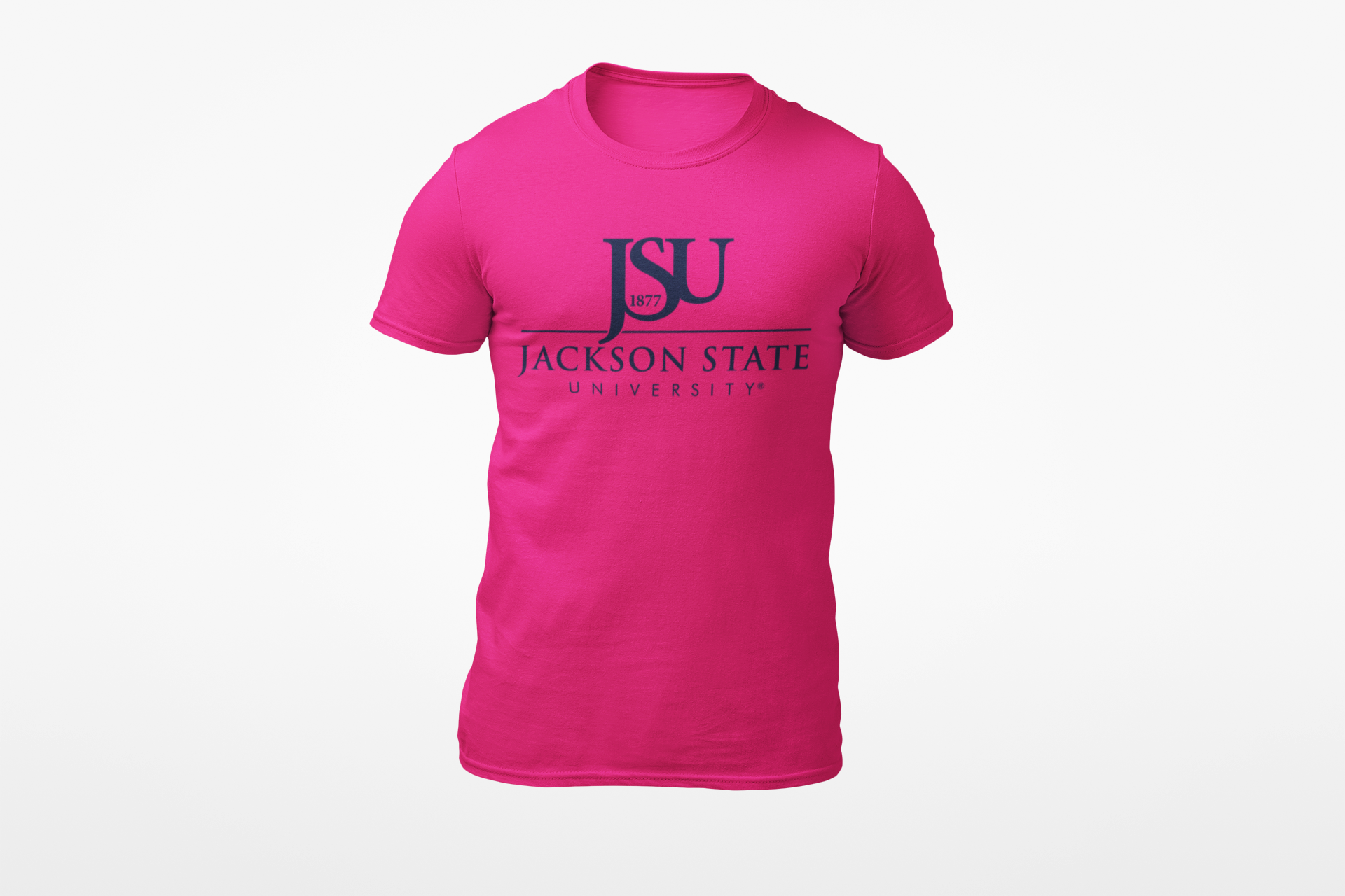 Unisex crew neck T-shirt, pink with JSU logo print on chest.