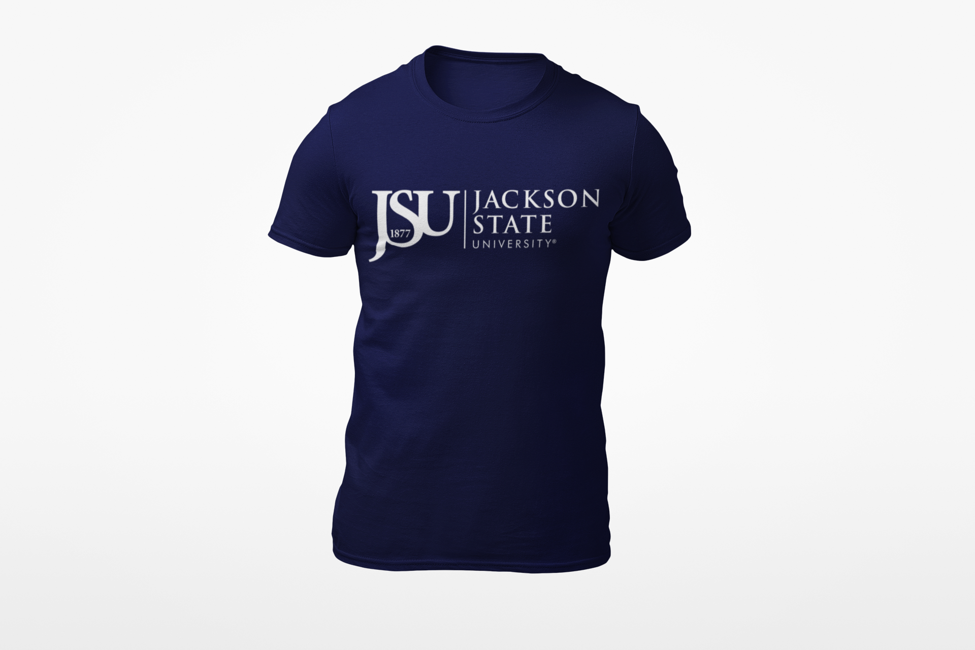 Unisex crew neck T-shirt in navy with Jackson State logo on the front