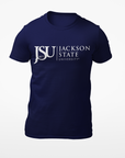 Unisex crew neck T-shirt in navy with Jackson State logo on the front