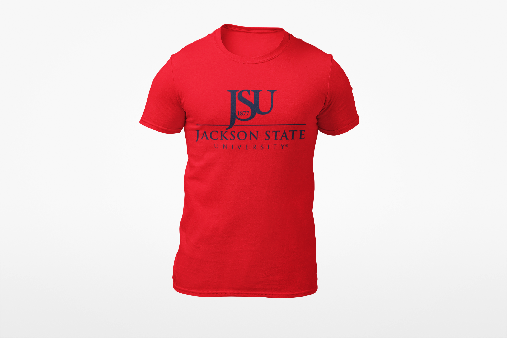 Unisex crew neck T-shirt, red with JSU logo print on chest.