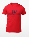 Unisex crew neck T-shirt, red with JSU logo print on chest.