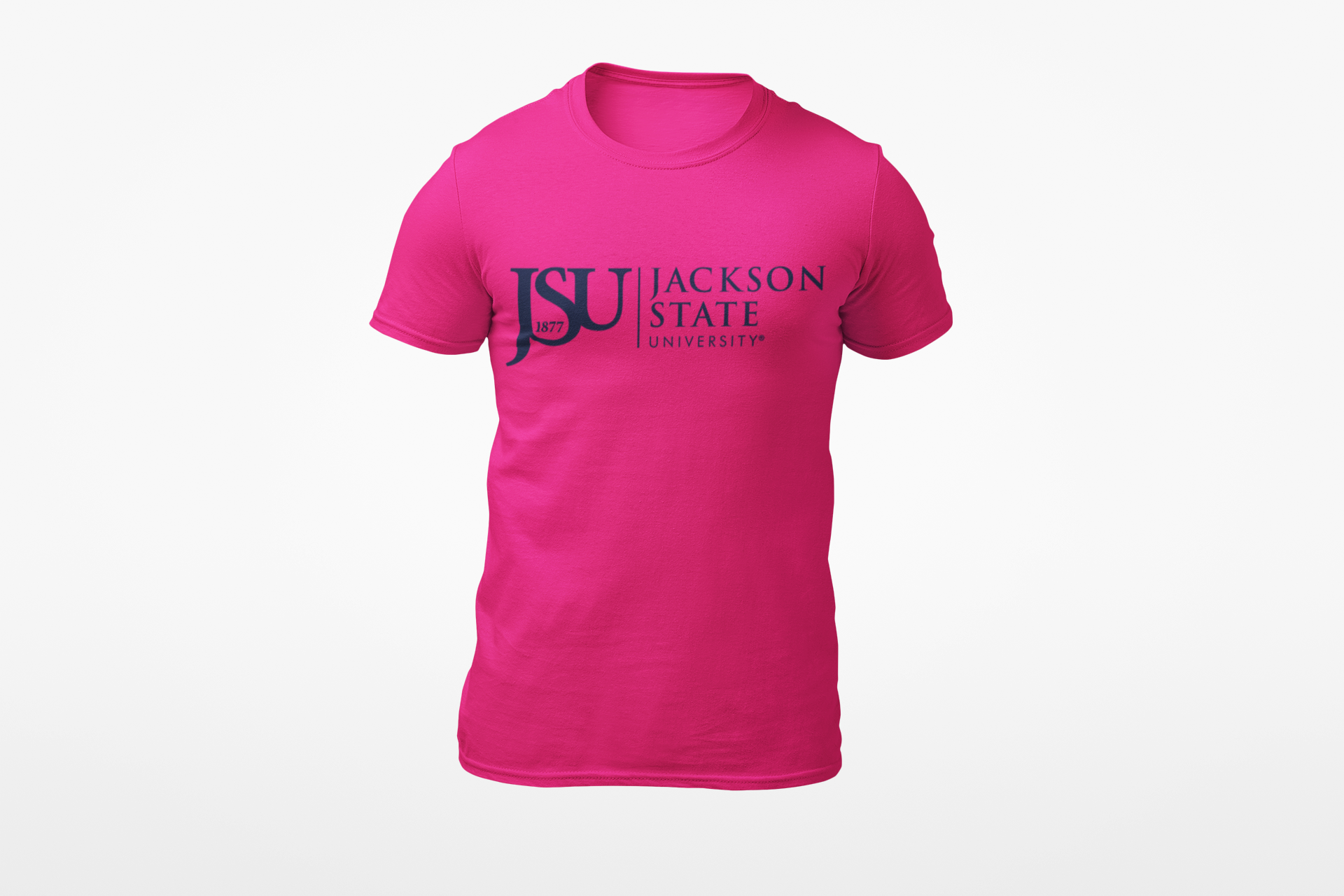 Fuchsia unisex crew neck T-shirt with Jackson State crest logo graphic