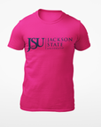 Fuchsia unisex crew neck T-shirt with Jackson State crest logo graphic