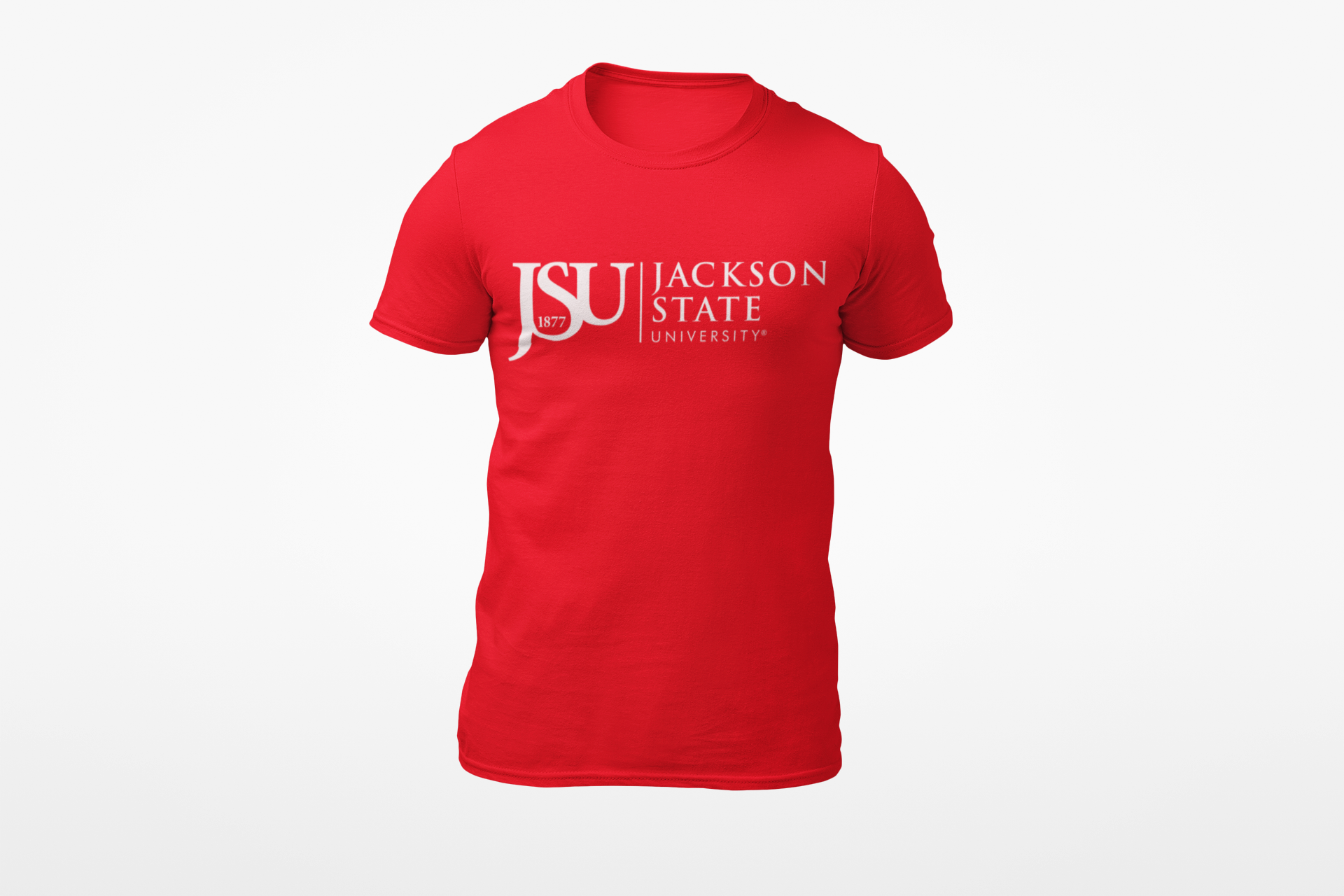 Unisex crew neck T-shirt in red with Jackson State logo on the front