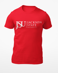 Unisex crew neck T-shirt in red with Jackson State logo on the front