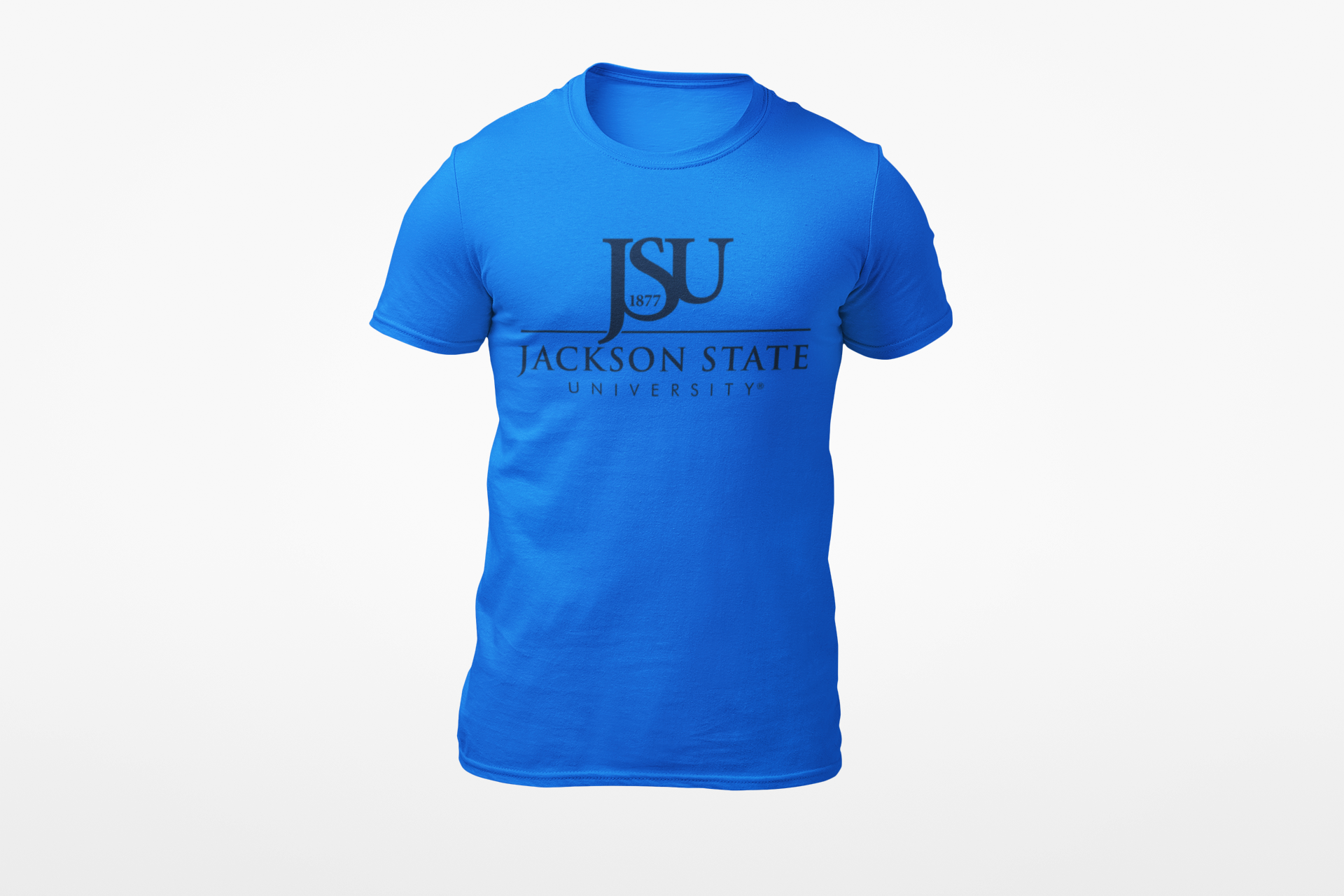 Unisex crew neck T-shirt, blue with JSU logo print on chest.