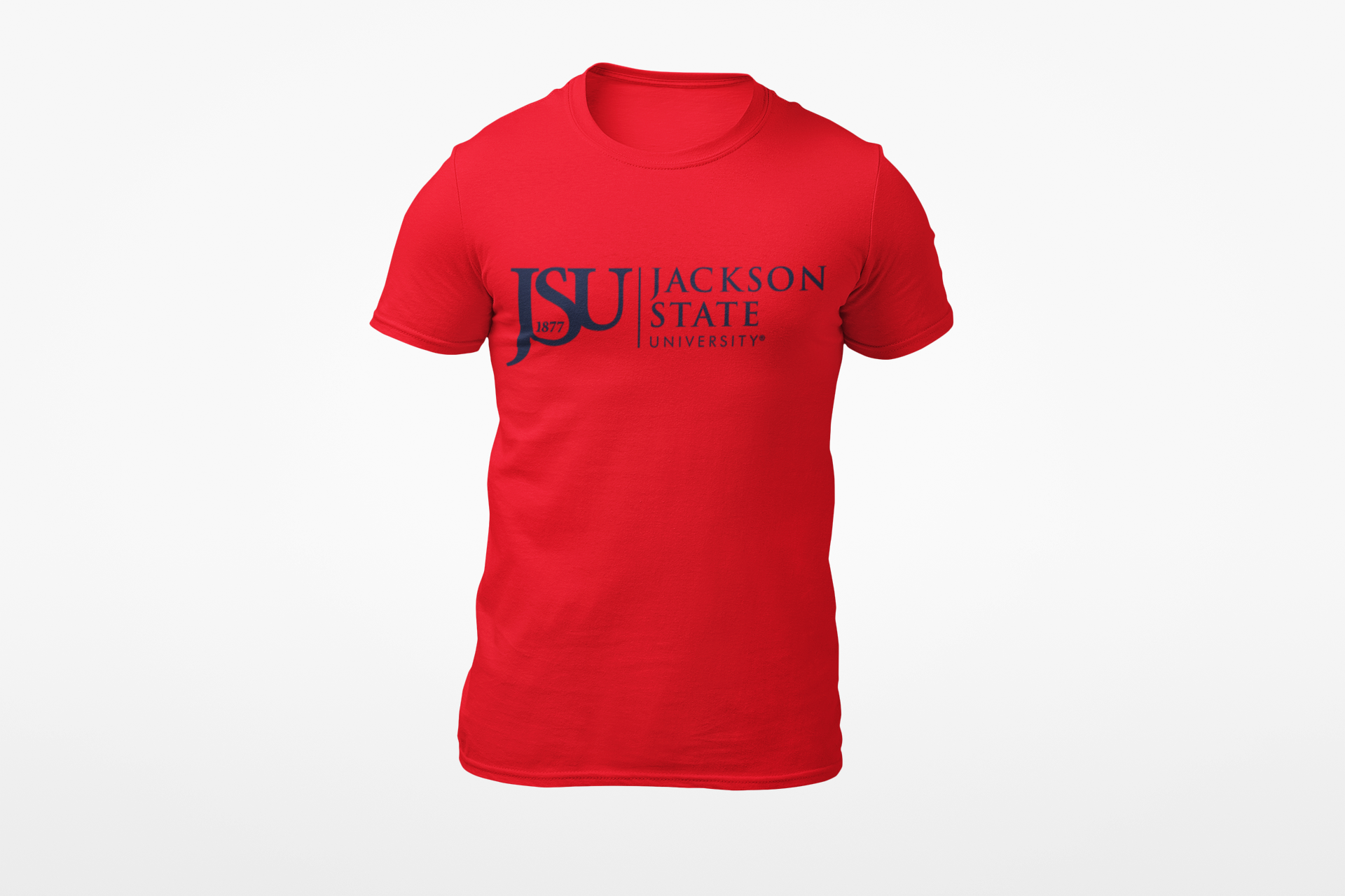 Red unisex crew neck T-shirt with Jackson State crest logo graphic