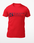 Red unisex crew neck T-shirt with Jackson State crest logo graphic