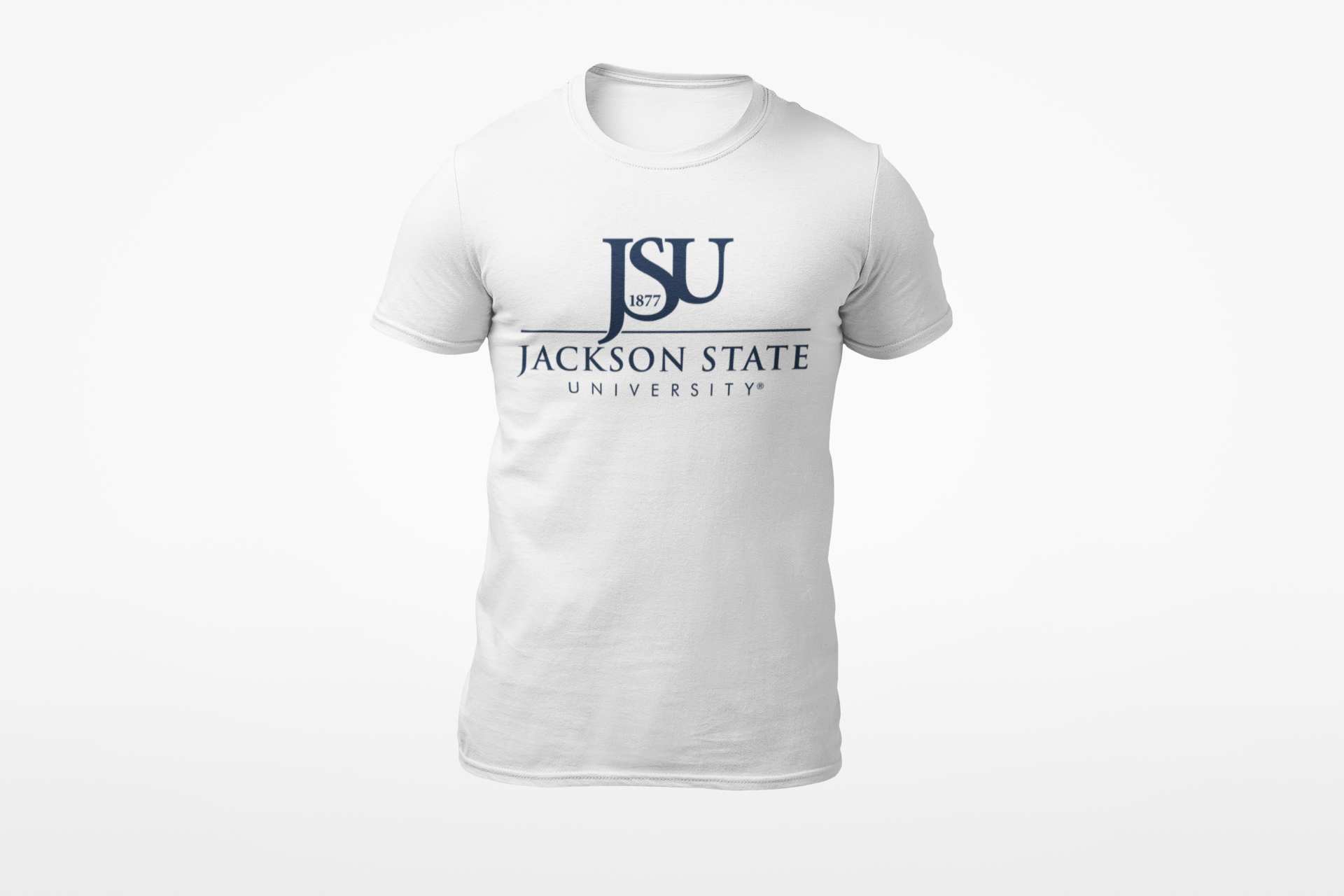Unisex crew neck T-shirt, white with JSU logo print on chest.