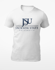 Unisex crew neck T-shirt, white with JSU logo print on chest.