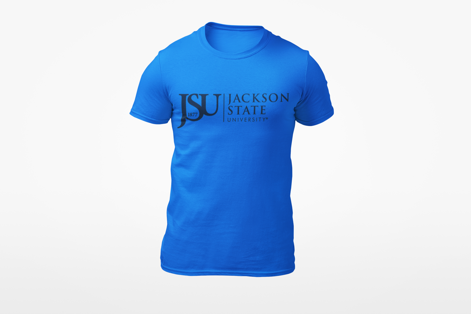Royal blue unisex crew neck T-shirt with Jackson State crest logo graphic