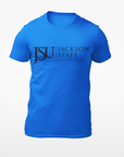Royal blue unisex crew neck T-shirt with Jackson State crest logo graphic