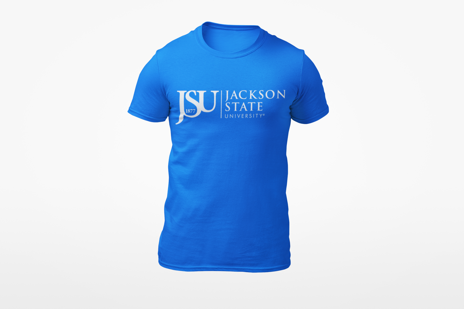 Unisex crew neck T-shirt in blue with Jackson State logo on the front