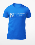 Unisex crew neck T-shirt in blue with Jackson State logo on the front