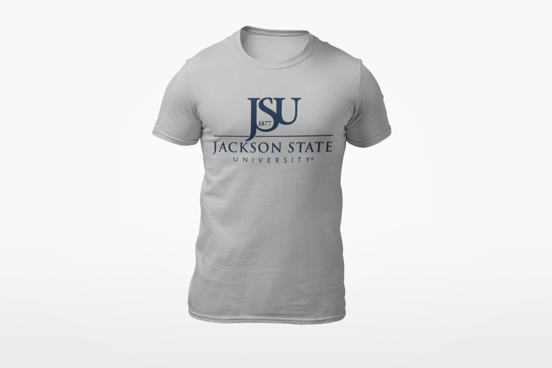 Unisex crew neck T-shirt, light gray with JSU logo print on chest.