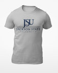 Unisex crew neck T-shirt, light gray with JSU logo print on chest.