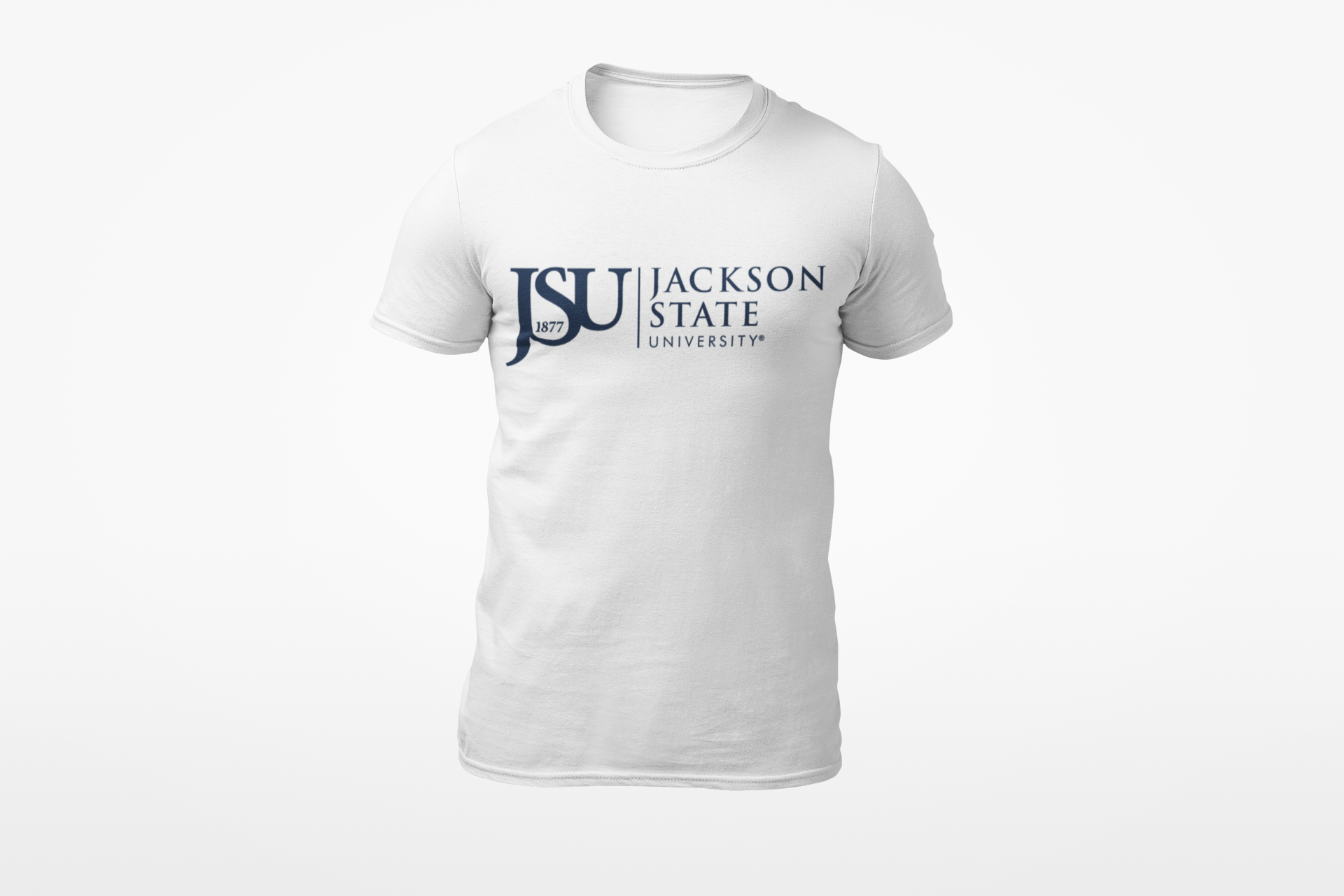 White unisex crew neck T-shirt with Jackson State crest logo graphic