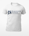 White unisex crew neck T-shirt with Jackson State crest logo graphic