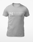 Unisex crew neck T-shirt in athletic heather grey with Jackson State logo on the front