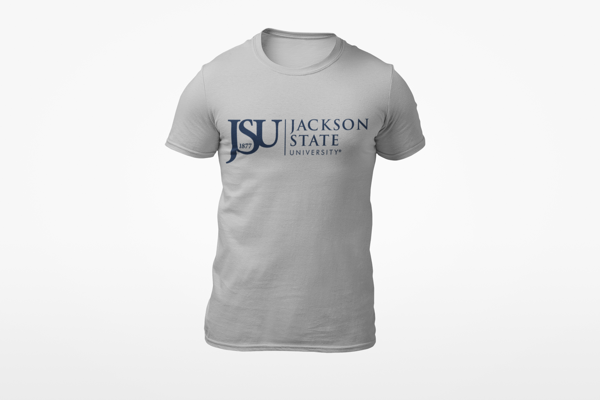 Athletic heather grey unisex crew neck T-shirt with Jackson State crest logo graphic