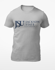 Athletic heather grey unisex crew neck T-shirt with Jackson State crest logo graphic