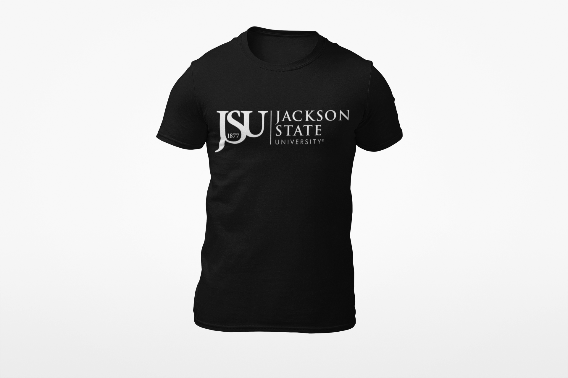 Unisex crew neck T-shirt in black with Jackson State logo on the front