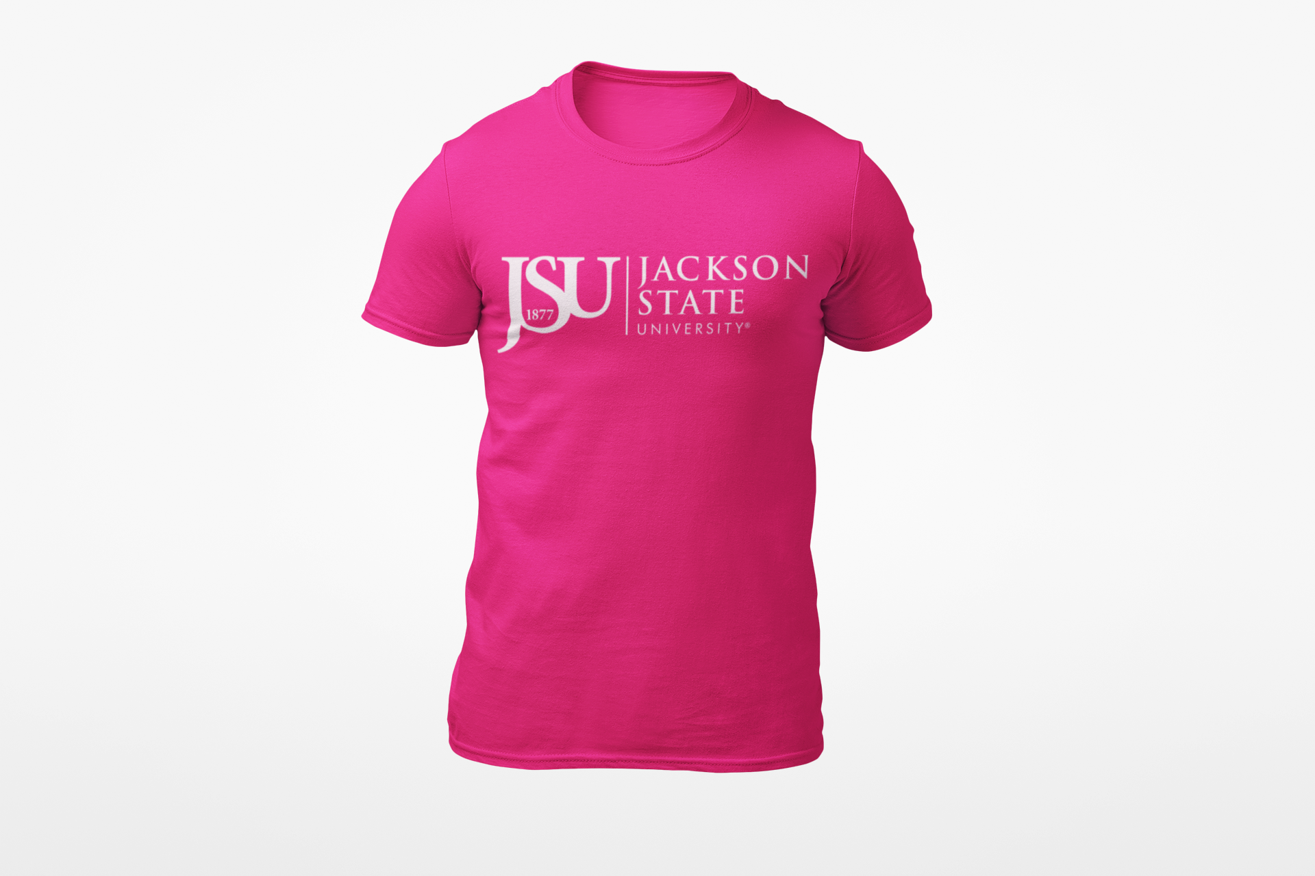 Unisex crew neck T-shirt in pink with Jackson State logo on the front