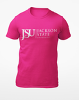 Unisex crew neck T-shirt in pink with Jackson State logo on the front