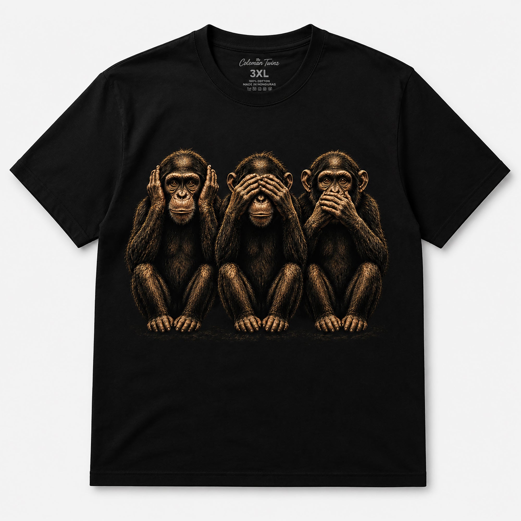 Black crewneck graphic t-shirt with three monkey faces covering ears eyes mouth