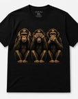Black crewneck graphic t-shirt with three monkey faces covering ears eyes mouth