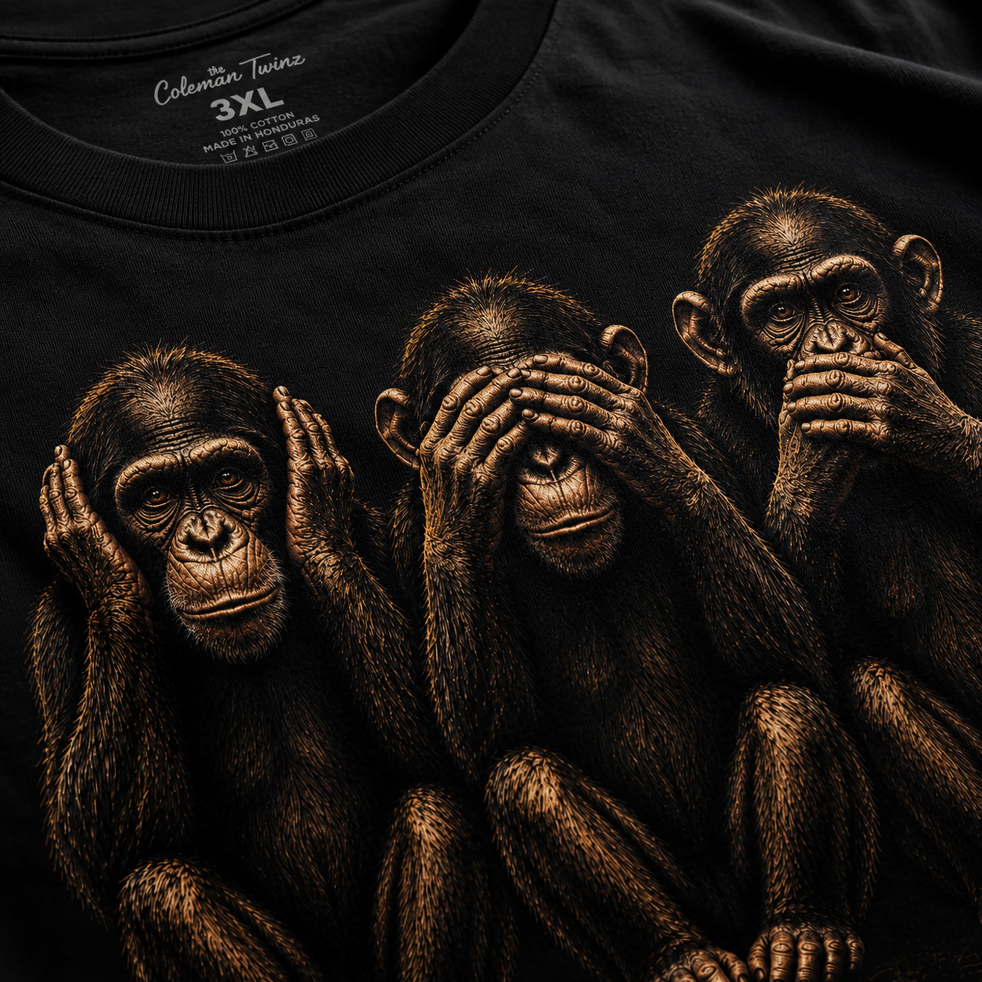 Close-up detail image of hear no evil see no evil speak no evil monkey graphic printed on black t-shirt
